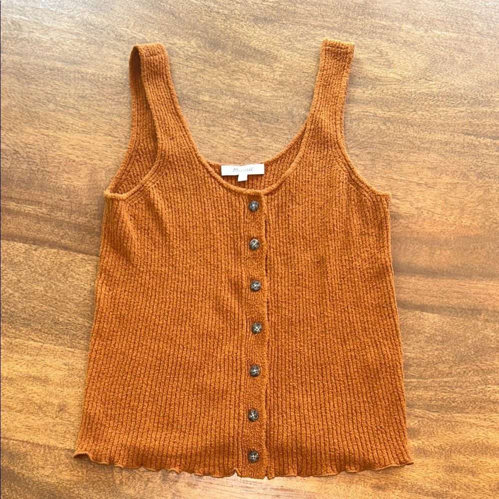 Madewell, Rust/Burnt-Orange Ribbed Button-Front Tank w/ Ruffle Hem